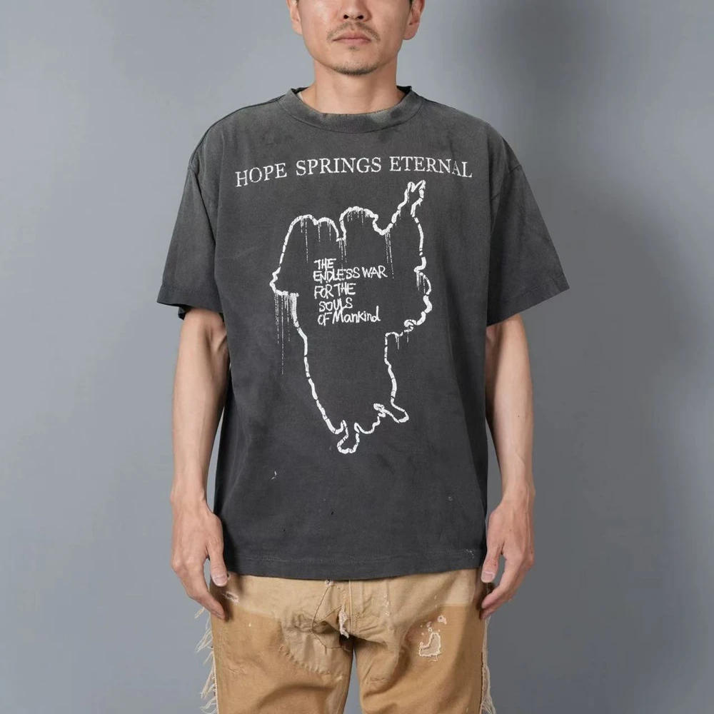 Yao Fashion SAINT OF MICHAEL Men Clothing Short Sleeve Y2k Retro Baggy Graphics Tee Men T