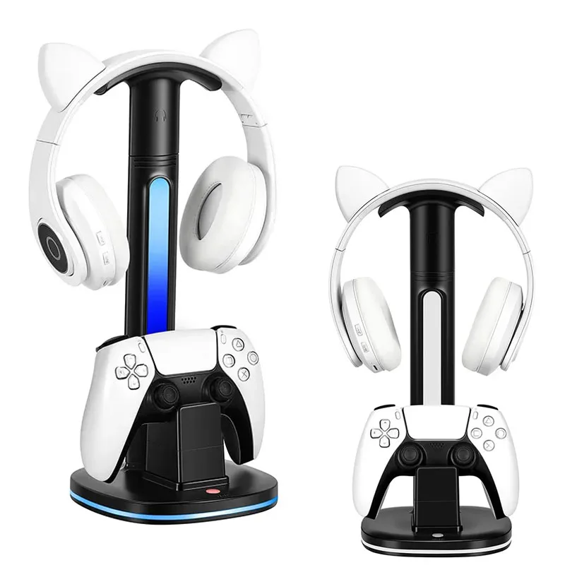 RGB Headphone Stand Game Handle Charger Base Desktop Headset Display Shelf with Dual 2.0 USB Port for PS5 Controller Phone