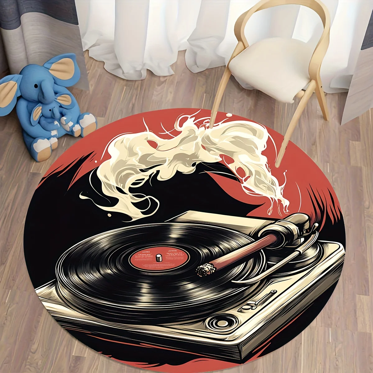 Vinyl Record Player Round Rug Flannel Printed Carpet Music Theme Home Decor Cozy Soft Floor Mat Living Room Indoor Use