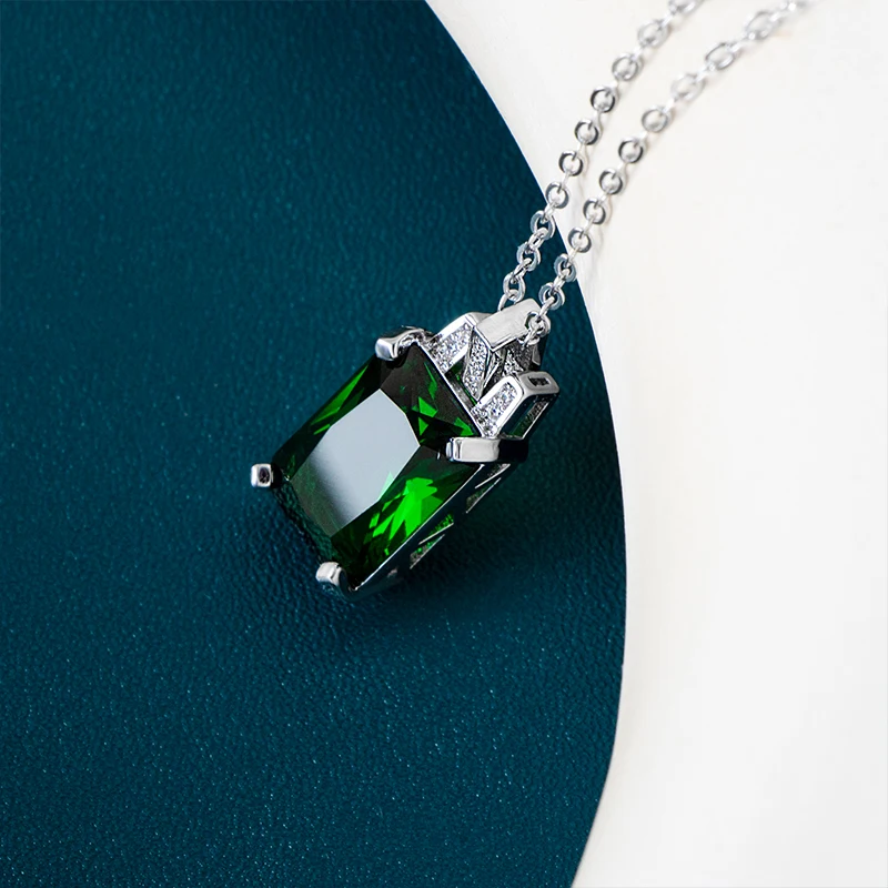 JoiasHome 925 Sterling Silver Necklace for Women 8*14mm Emerald Square Pendant 45cm Clavicle Chain Female Wedding Dinner Gift