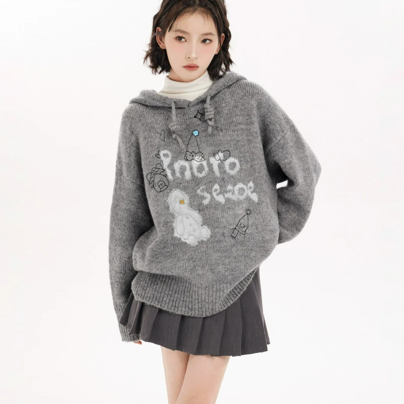 

Autumn/winter New Style Fashionable Korean-style Casual Loose Pullover Grey Printed Hooded Pullover Knitted Sweater for Women
