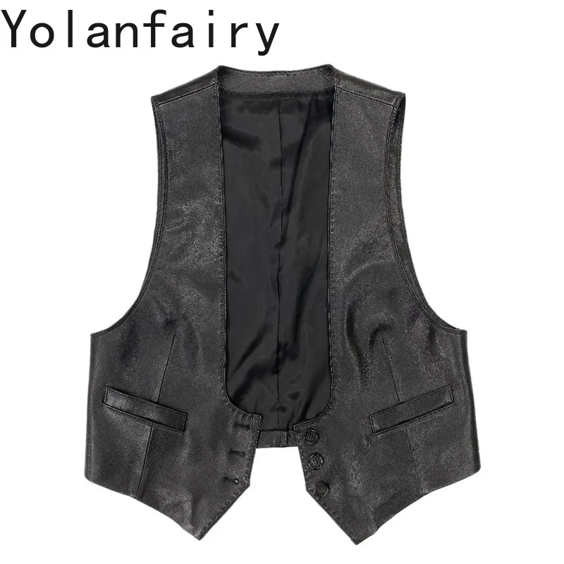 

YOLANFAIRY 2026 Women U-neck Short Vests Genuine Leather Full Vegetable Tanned Sheepskin Leather Vest Fashion Waistcoat Chaleco