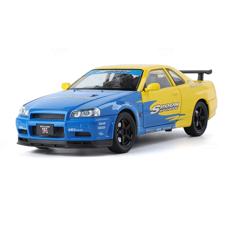 1:24 Scale GT Skyline R34 Alloy Diecast Sports Car Racing Model High Simulation Sound Light Pull Back Gifts Boy Toys Decoration