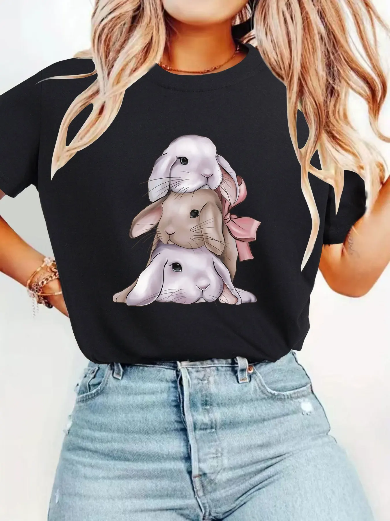 

Women's Casual Short Sleeved T-shirt Cute Cartoon Rabbit Stacked Printed Pattern Tshirt Round Neck Spring Summer Top Fashionable