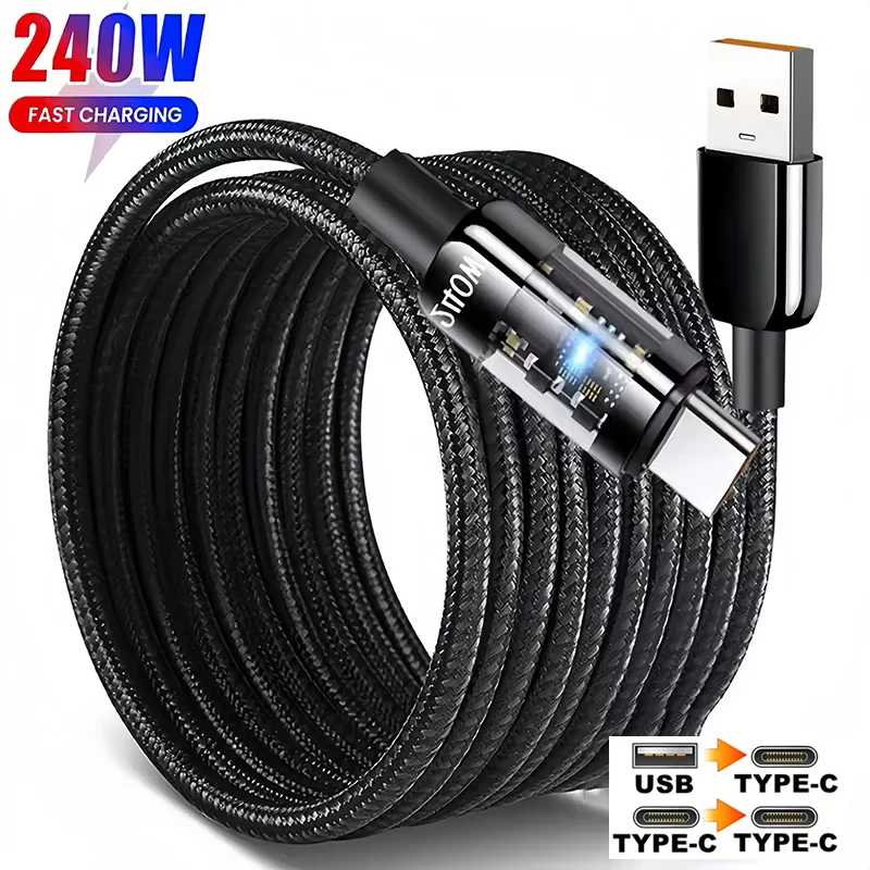 240W Cable Nylon Super Fast Charging USB TypeC Cable LED Digital Display USBC Charger Data Cord For Xiaomi Iphone Samsung Huawei