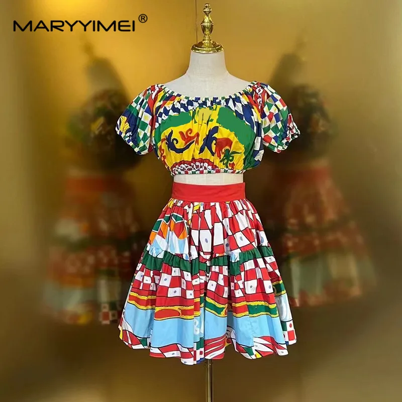 MARYYIMEI Summer Cotton Skirts Suit Women\'s Short top+Classic Sicilian seaside vacation Print Short skirt Cotton 2 Pieces Set