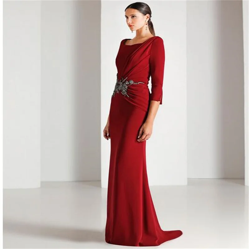 

Luxury Beaded Dubai Evening Dresses for Women Wedding Party 2023 Elegant Long Arabic Dark Red Long Sleeve Prom Formal Gowns