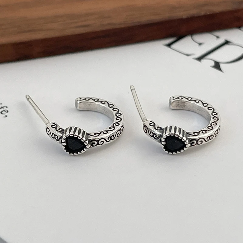 Foxanry Black Zircon Love Heart Stud Earrings For Women Girls Vintage Trendy Personality Temperament Hip Hop Birthday Jewelry