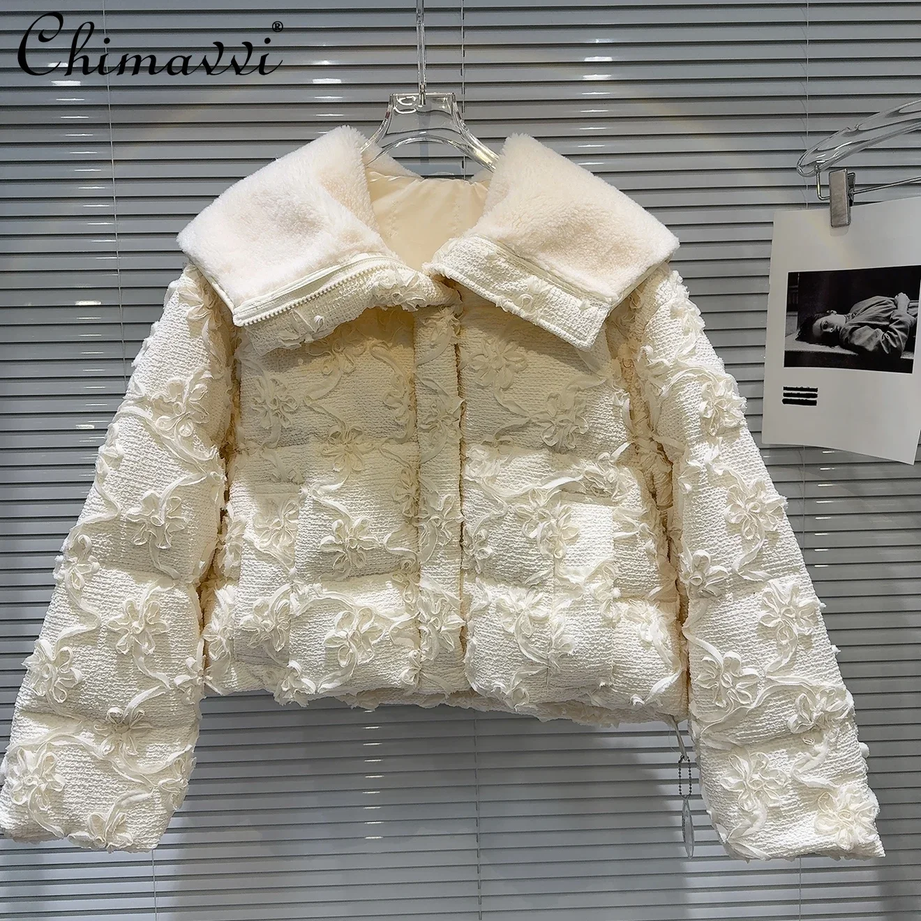 2024 Winter Clothes New Fashion Fleece Lapel Pleated Crochet Fabric Warm Down Jacket Sweet Girl Womens Temperament Jackets Coat