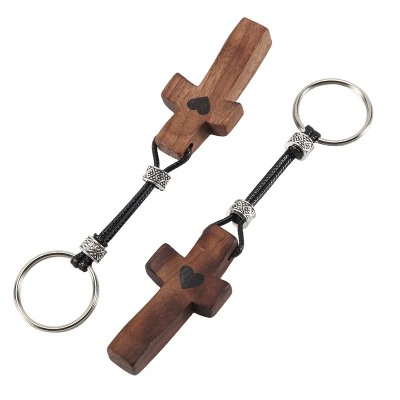 2Pcs Walnut Wood Crosskeychain Handheld Wooden Cross Keychain Fingertip Stress Relief Gifts Pocket
