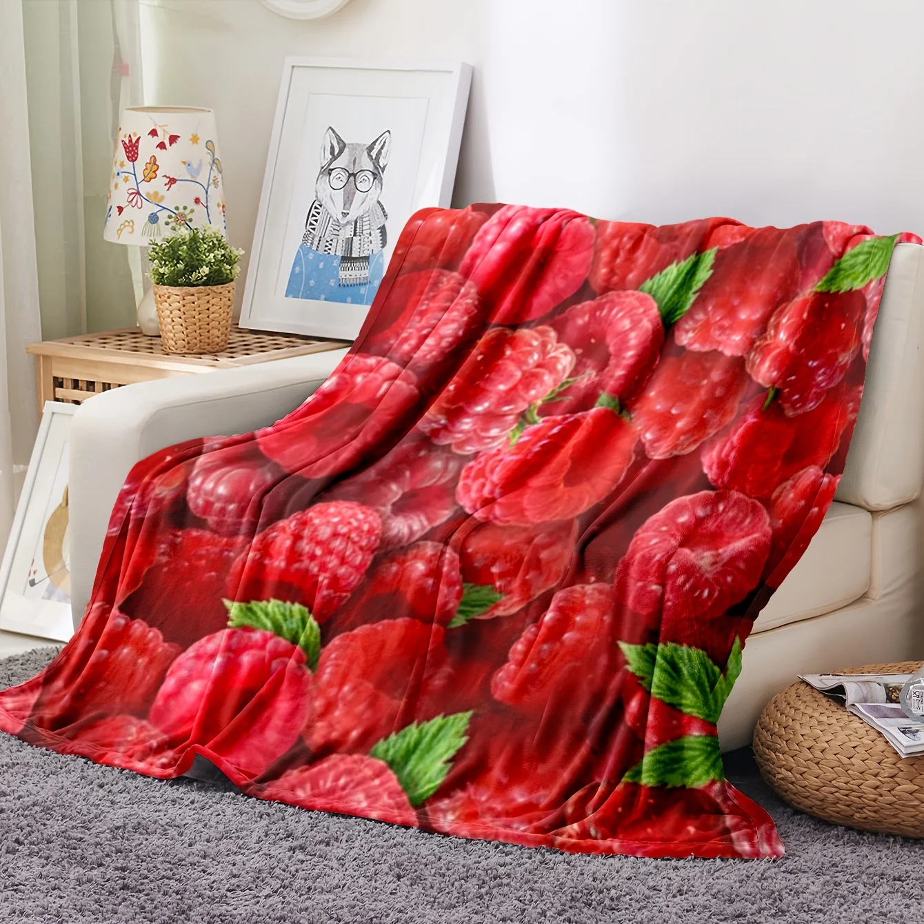 Super Soft Raspberry Print Throw Blanket Cozy Plush Throw for Sofa Couch Home Decor Gift Idea Winter Picnic Bedding