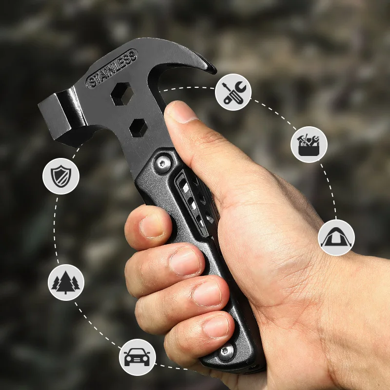 

Многофункциональный молоток с алюминиевой ручкой - инструмент из нержавеющей стали для активного отдыха с фонариком для выживания в автомобиле