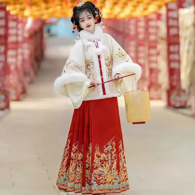 

Hanfu Dress Ming Dynasty Traditional Plush Costume Festive Daily Horse Face Skirt Cute Winter Thicken Dragon Phoenix Embroidery
