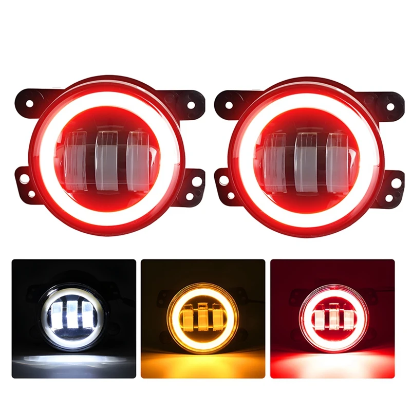 4 Inch LED Fog Lights Halo Ring Work Light For Jeep Wrangler JK, With Red DRL Yellow Turn Signal Replacement (Red+Yellow+White)