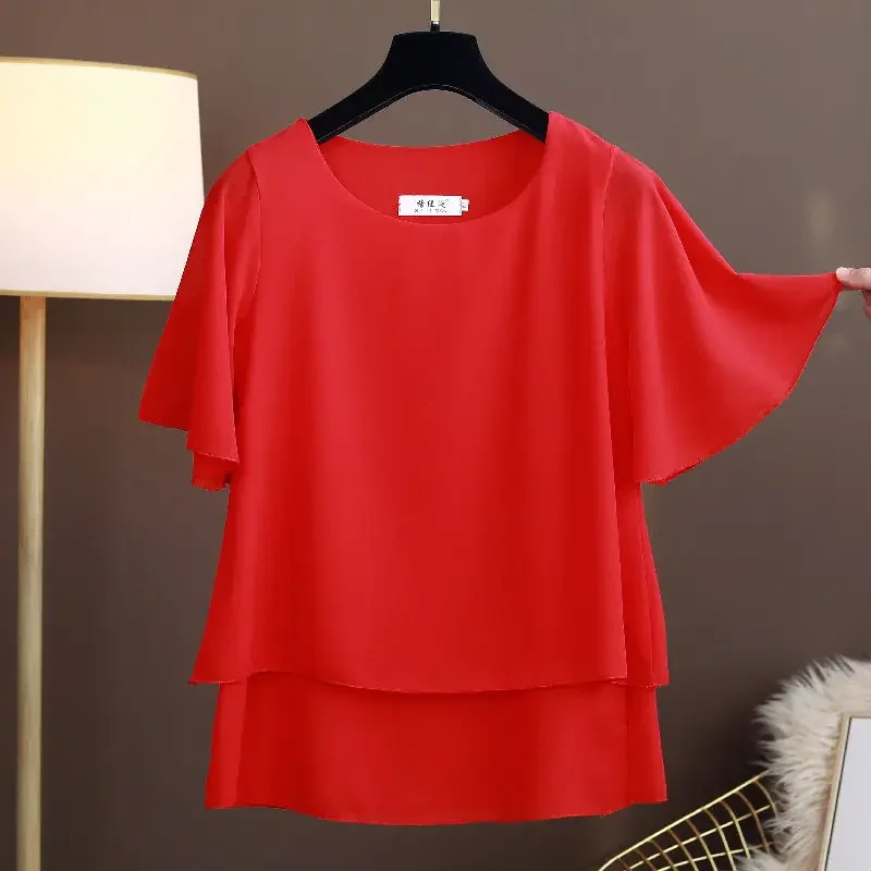 Oversized Summer Women Blouses Short Sleeve Solid Chiffon Blouse Casual O-Neck Ladies Cozy Tops Loose 5XL 6XL 2022 Femininas Top