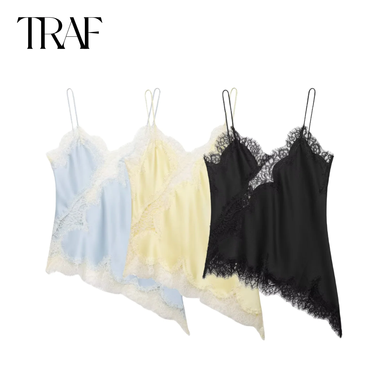 

TRAF Lace Decorative Underwear Top summer new 2025 women clothing Asymmetric V-neck sexy tank top chic France ladies tops