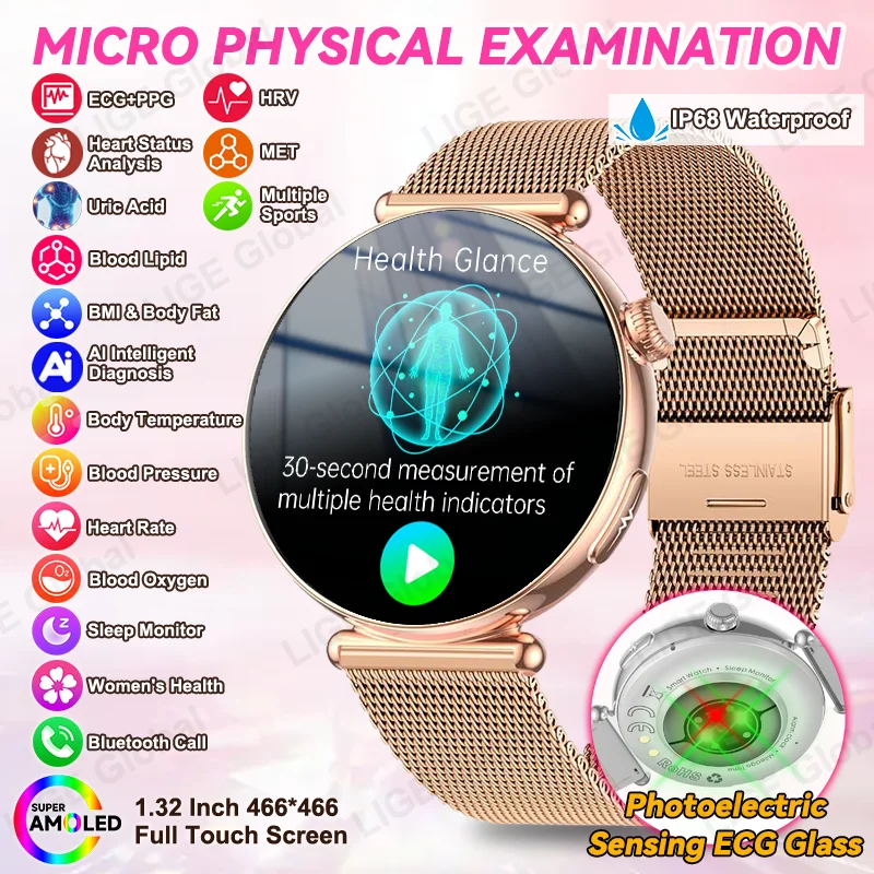 

LIGE New ECG+PPG Women Smartwatch Blood Fat Uric Acid Body Temperature Menstrual Cycle Health Nursing Grade Call Smart Bracelet