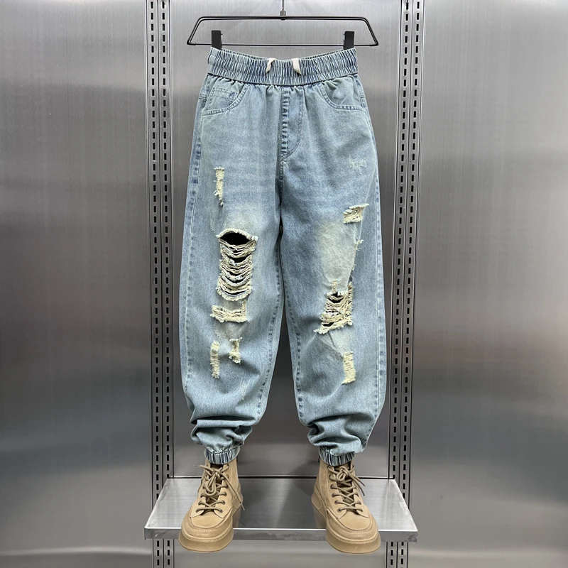 

Ripped Teenage Trousers Slim and Loose Fitting Casual and Versatile Sportswear Denim Pants Straight Leg Trendy Jeans Q77