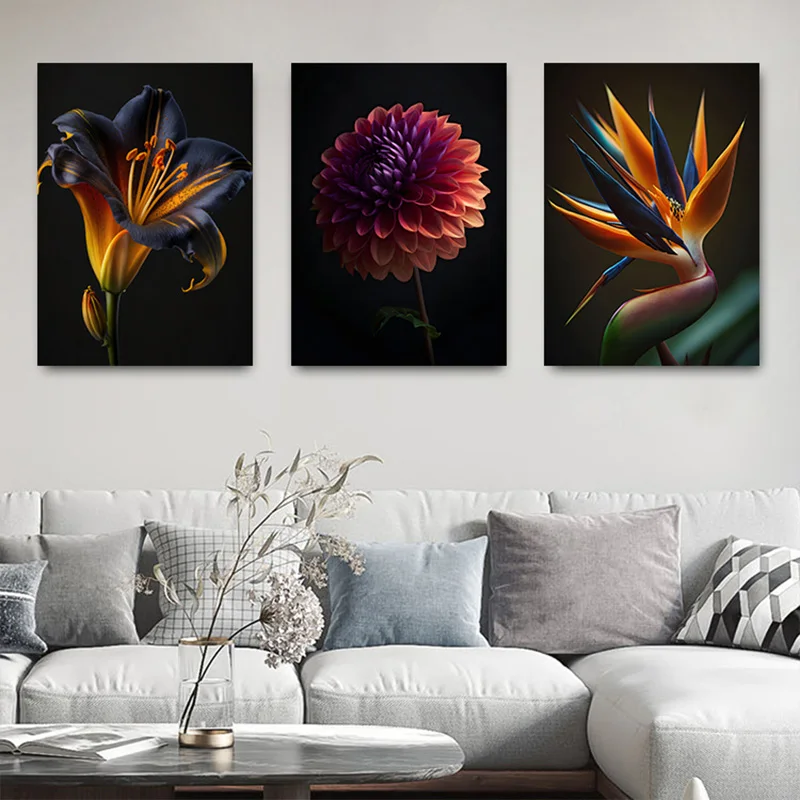 Blooming Dahlia Flower Canvas Painting with Frame Dark Background Floral Flower Poster Nordic Living Room Wall Art Picture Decor