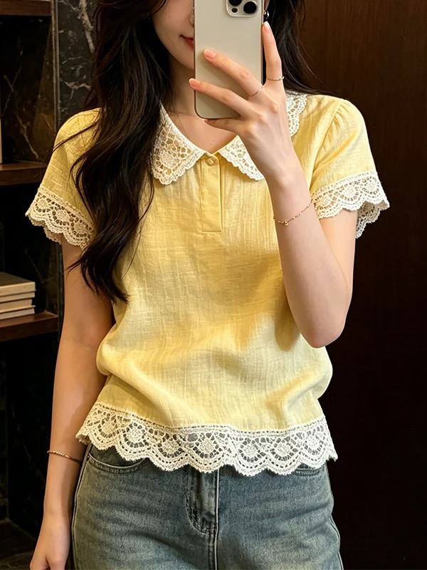 

plus Size Women's Summer New Style 2026 Lace Splicing Slimming Yellow Short Sleeve Shirt Top Korean Version Breathable Skin-F...