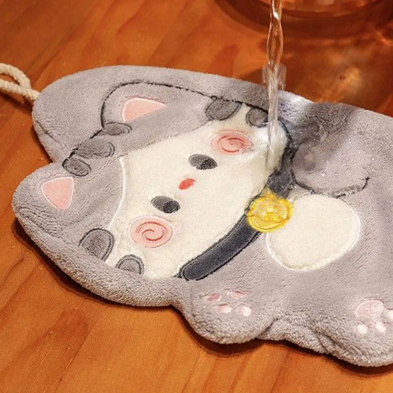 Cute Cat Hand Towel Quick Drying Kitchen Cleaning Rag Coral Velvet Cartoon Animal Absorbent Bathroom Hanging Towel Home Supplies