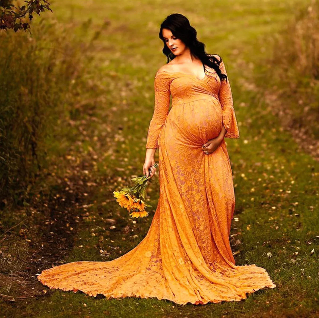 Кружевное платье для беременных с цветочным принтом и открытыми плечами для фотосессии, свадебное платье макси с расклешенными рукавами для беременных, детский душ