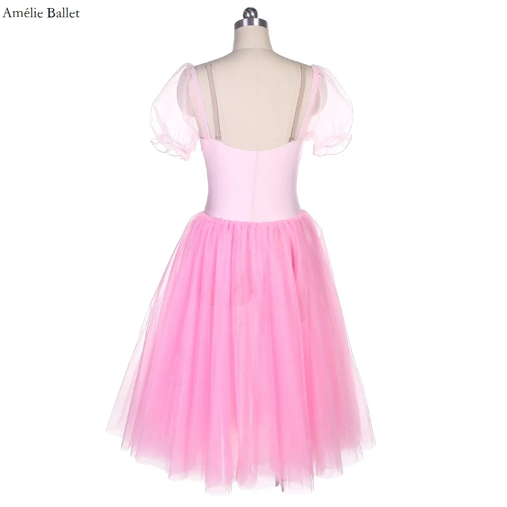 19024 جديد الوردي دنة صد نفخة الأكمام الزهور البيضاء تقليم الفتيات l والنساء فستان رقص الباليه رومانسية فستان طويل الباليه #2