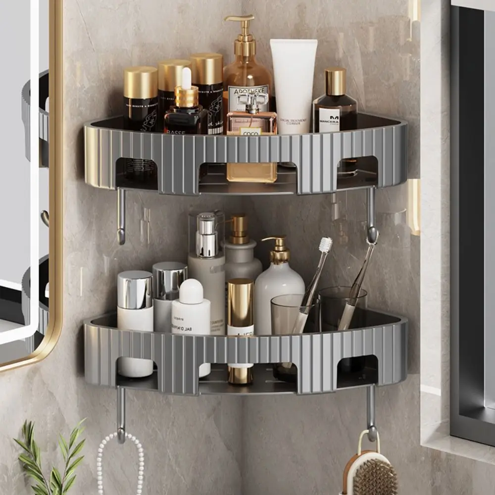 New Plastic Bathroom Storage Rack No Punch Wall Mount Condiment Organizer with Hook Multi-purpose Corner Shelf