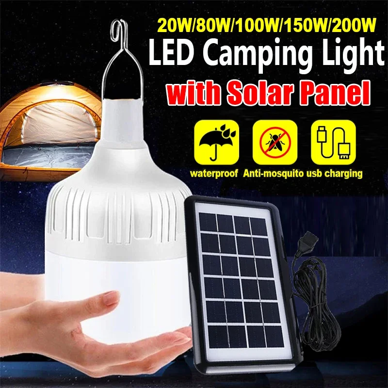 Protable Lamp with Solar Panel Portable Hanging Bulb Light USB Rechargeable Energy Lamps LED Lighting Camp Tent Fishing Garden