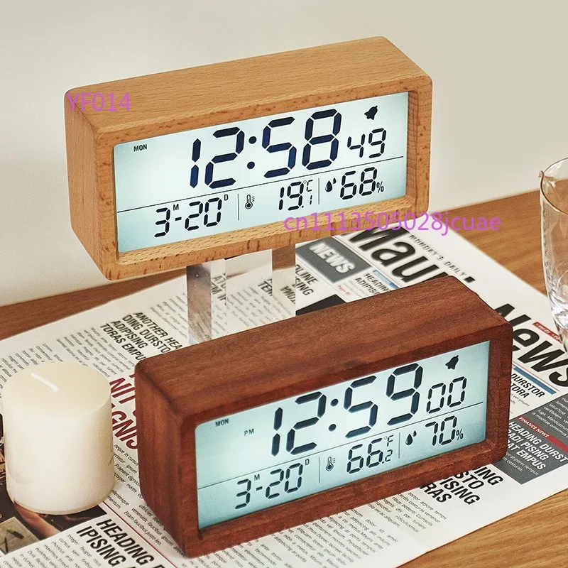 

Solid Wood Clock Simple Temperature And Humidity Luminous Bedside Clock Large Screen LCD Wood Alarm Clock