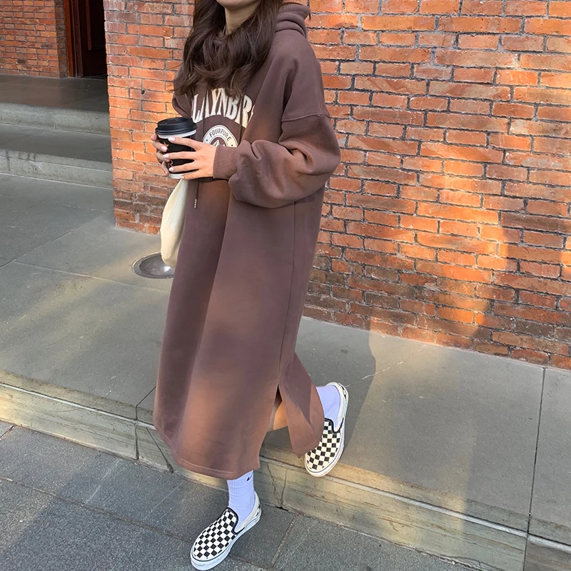 

Knee-Length Women's Sleep Dress Loose Fit Korean Style Chic Hooded Letter Print Long Home Clothes Student Casual Comfortable