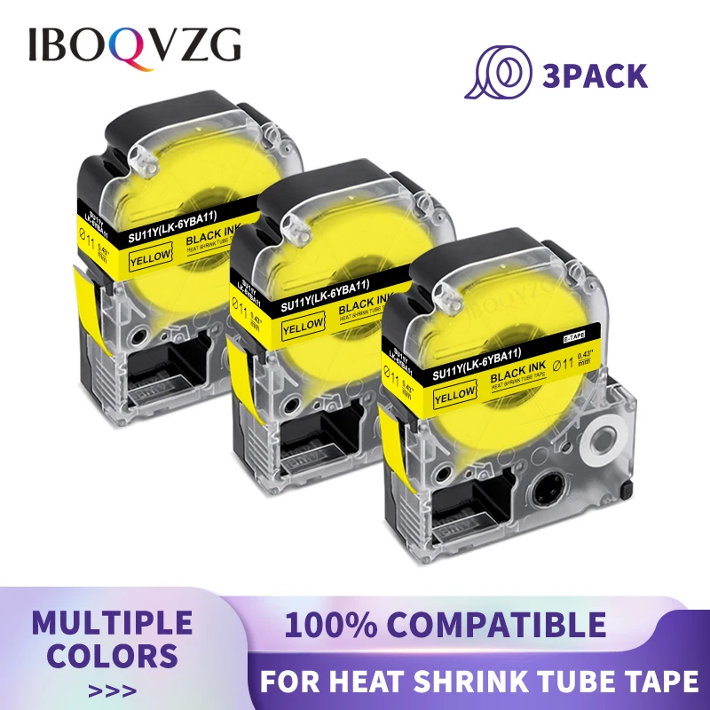 IBOQVZG 3x SU11Y Printable Heat Shrink Tube Label Tape LK-6YBA11 Black on Yellow Tape for Epson LabelWork Labeling Machine LW300