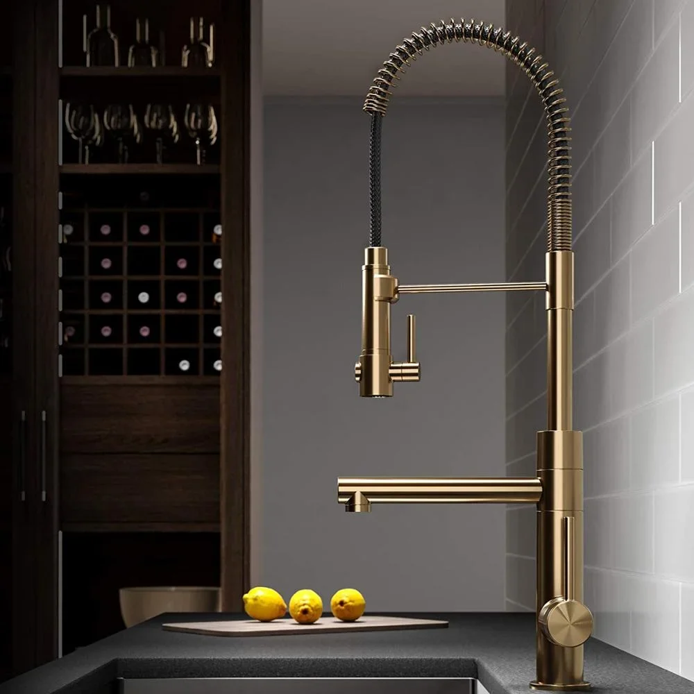 Premium Brass Brushed Gold Pre-Rinse Tap Pull Down Spring Spout Kitchen sink Faucet