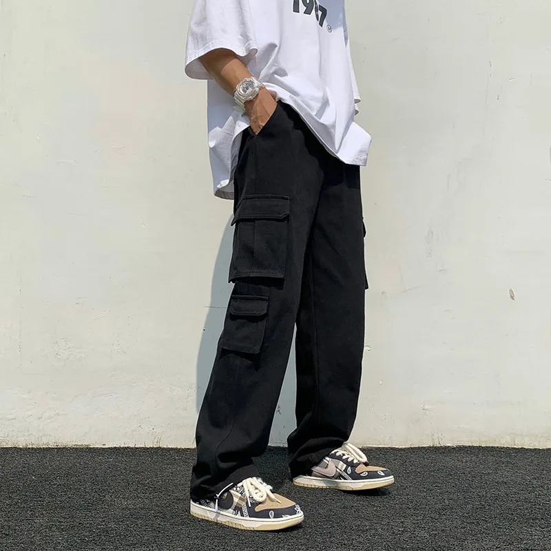 Summer KPOP Fashion Style Harajuku Slim Fit Trousers Loose All Match Casual Pants Solid Pockets Straight Cylinder Cargo Pants