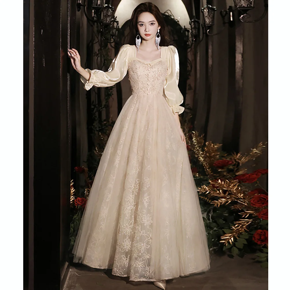 

Luxury Champagne Evening Dress for Party Banquet Long Sleeve Square Collar Beading Floral Formal Dresses Stage Performance Gown