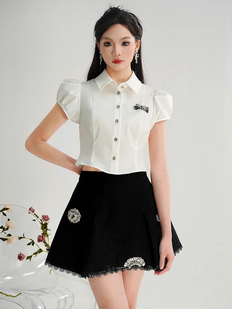 LEOSOXS Designer Black Skirt Women 2025 Spring New Fashion Versatile Nail Drill High Waist Thin Short Pleated Skirt for Girls