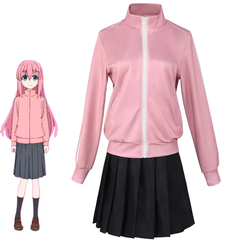 Cosplay Bocchi The Rock Gotou Hitori Gotou Hitori Cosplaykostuum Juniform Roze Jasje Rok Pruik Suit Party Dameskleding