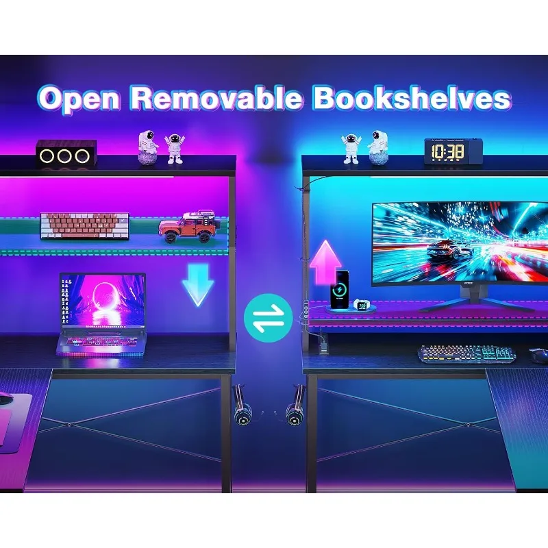 L Shaped Desk Gaming Desk with LED Light & Power Outlet, 53 Inch Reversible L Shaped Computer Table with Shelf & Storage Ba