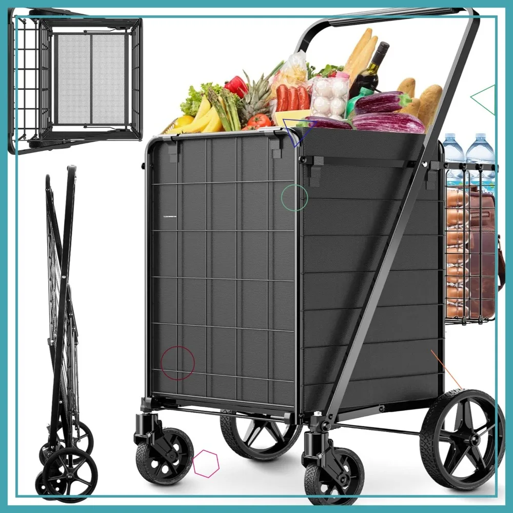 

Collapsible Shopping Cart with 360° Wheels, Double Basket & Waterproof Liner for Groceries, Laundry, Transport