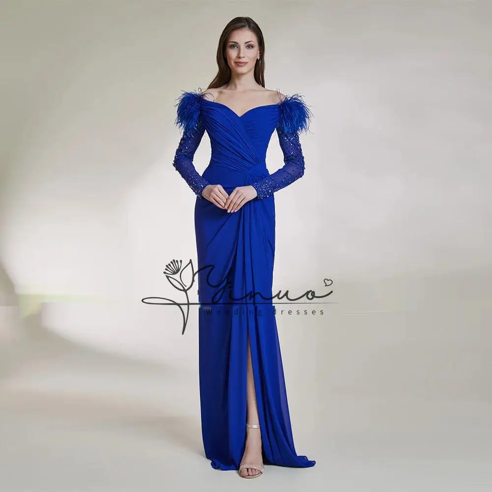 customized Prom Dress Custom Color V Neck Long Sleeves Beadings Feathers Pleat Slit Mermaid Evening Dress Dubai Party Gown