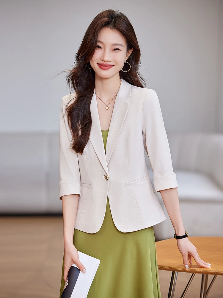 

Женский тонкий пиджак с рукавом 3/4, модный, для офиса, весна-лето, приталенный, стандартной длины, на одной пуговице, однотонный