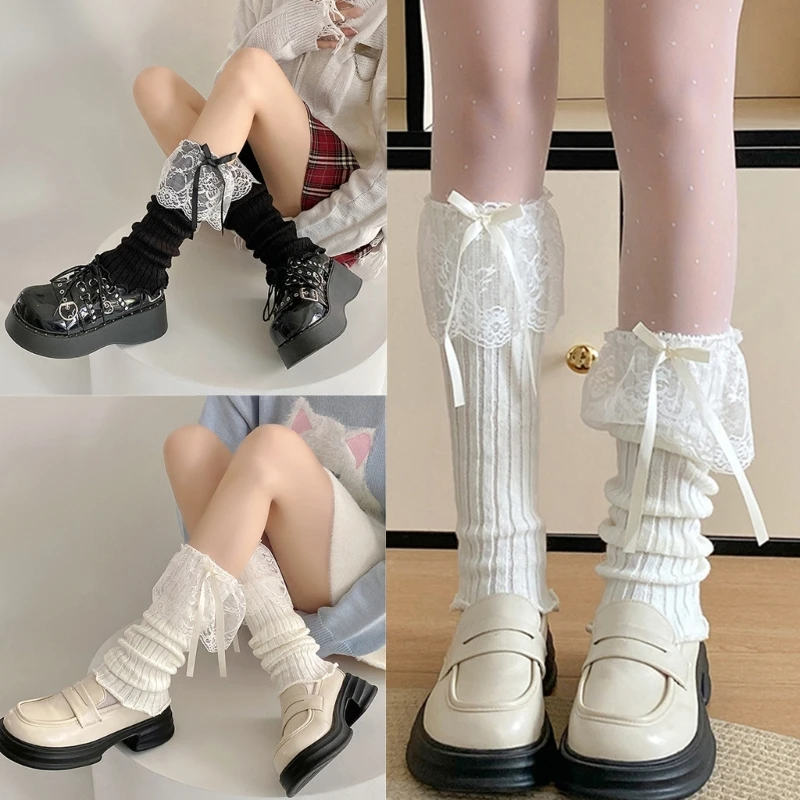 Women Ruffled Lace Trim Bows Leg Cover Long Socks Ribbed Knit Slouch Leg Warmer Dropshipping