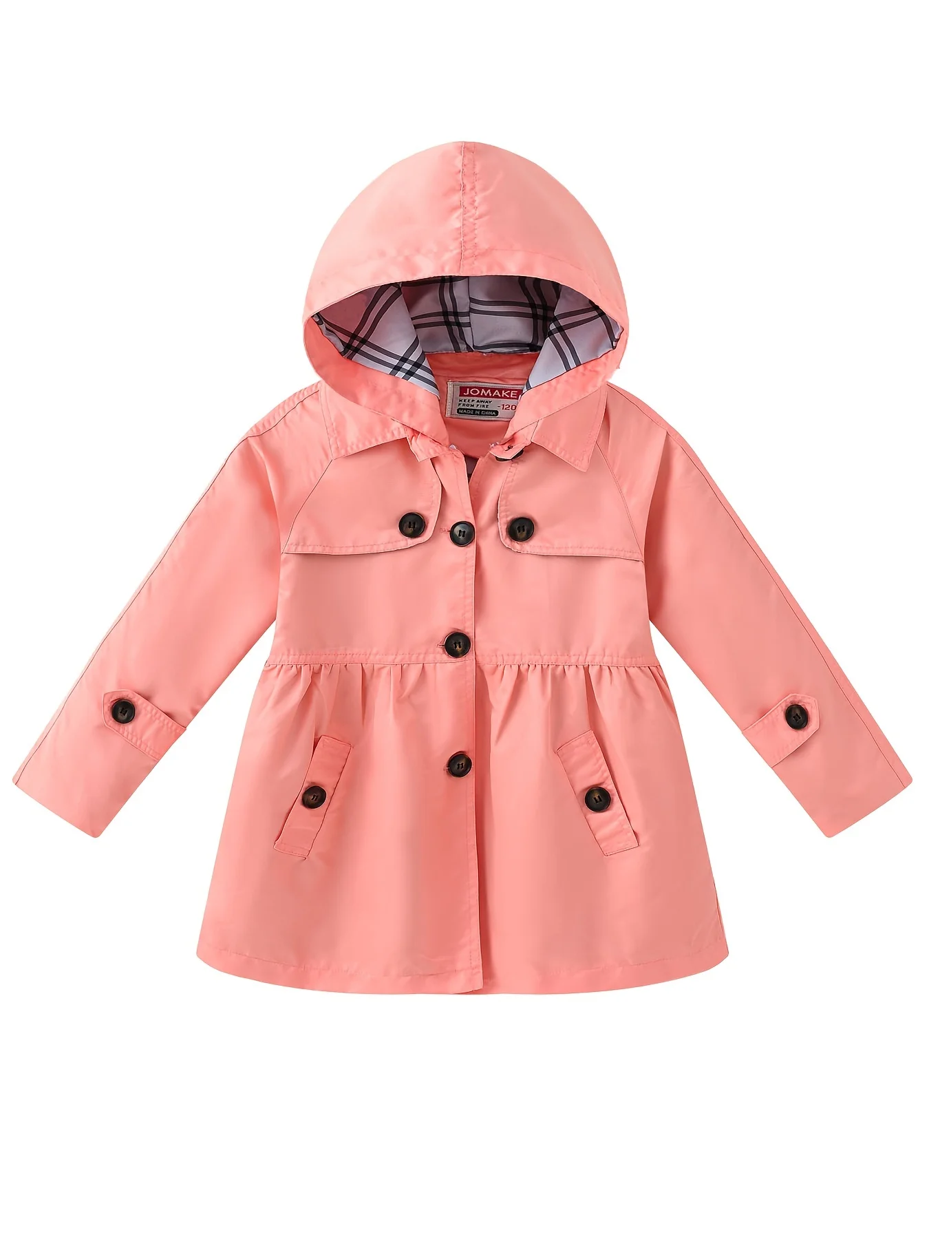 

Girls Button Hooded Jacket Solid Color Outwear Mid-Length Coats With Pockets Winter