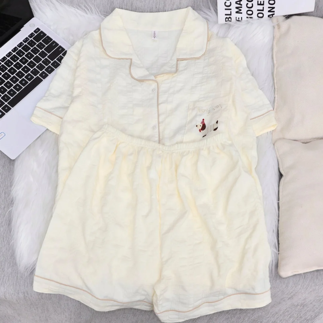 

Cute Women's Pajamas Set Beige Dachshund Printed Loungewear Home Wear with Lapels Short Sleeves and Shorts Pants Summer Gifts