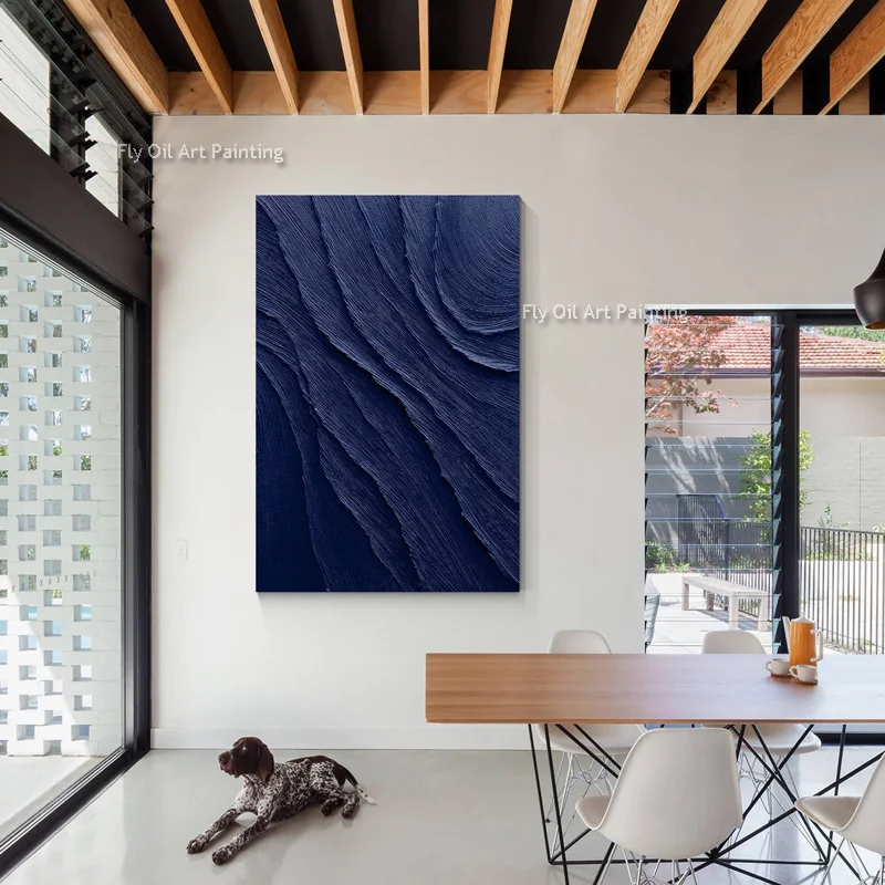 Vertical Hand-Painted Textured Abstract Oil Art, Vibrant Klein Blue 3D Texture Contemporary Wall Decor