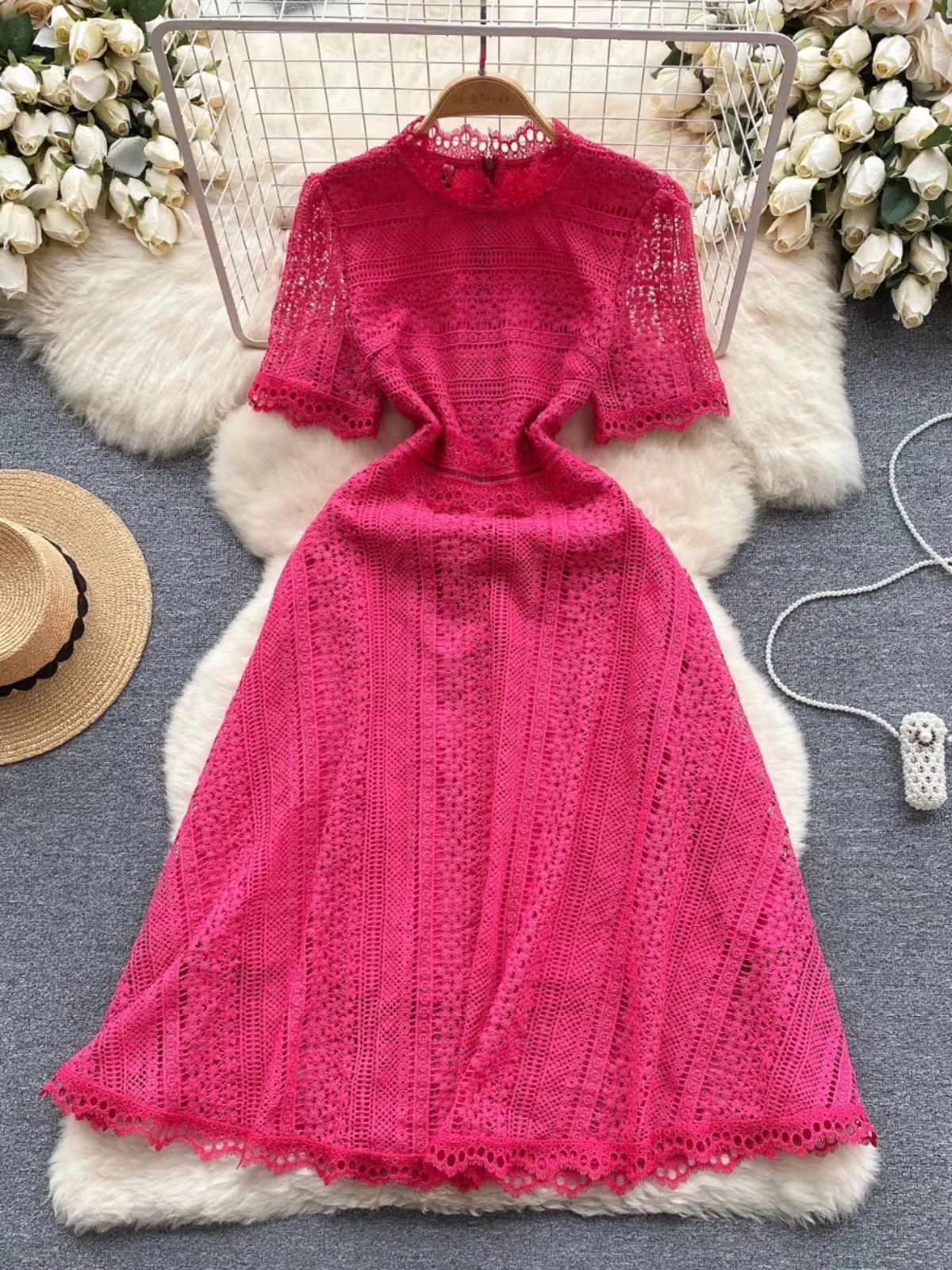 

Summer New French Vintage Lace Dress High end Light Luxury Small Crowd Hollow Out Slim Fit Mid Length Elegant Dress For Women