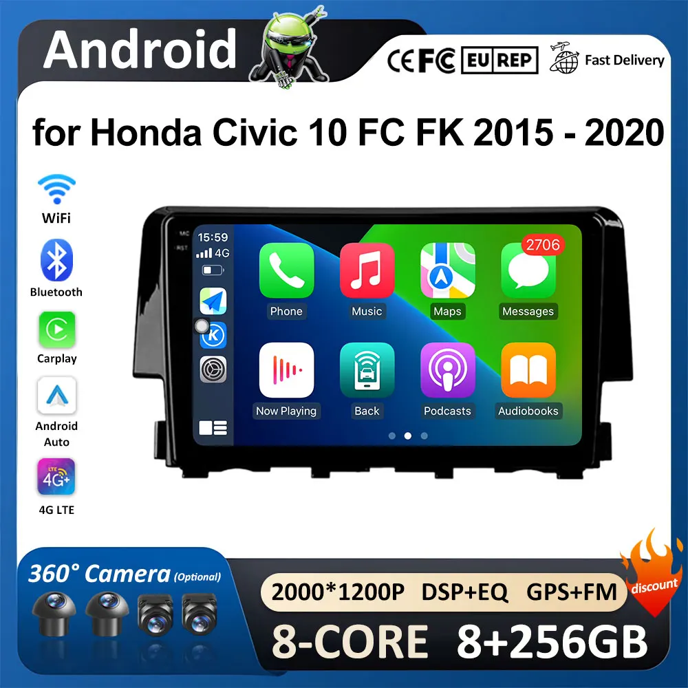 

9-дюймовый Android Carplay для Honda Civic 10 FC FK 2015 2016 2017-2020 WiFi Автомобильный мультимедийный плеер GPS-навигация FM IPS-экран DSP