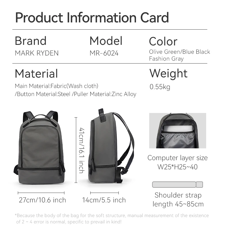 MARK RYDEN Daily Backpack Men/Women Urban Light Travel