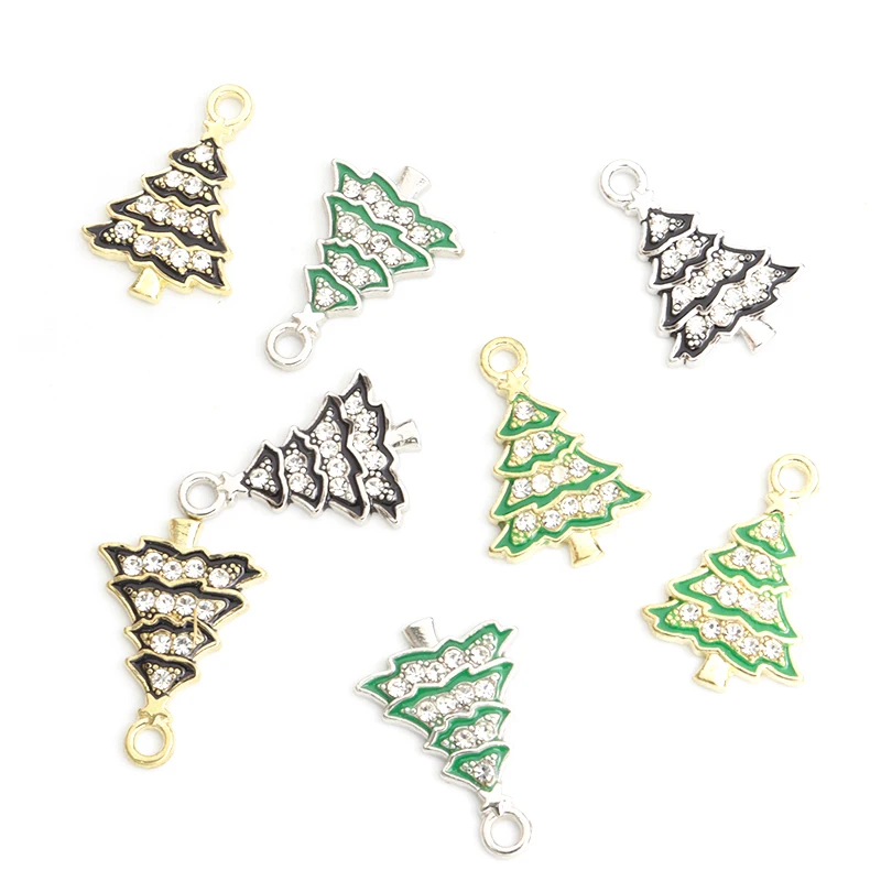 10pcs Christmas Tree Enamel Charm Cute Pine Tree Alloy Crystal Pendant For Jewelry DIY Making Findings 2023 Christmas Decoration