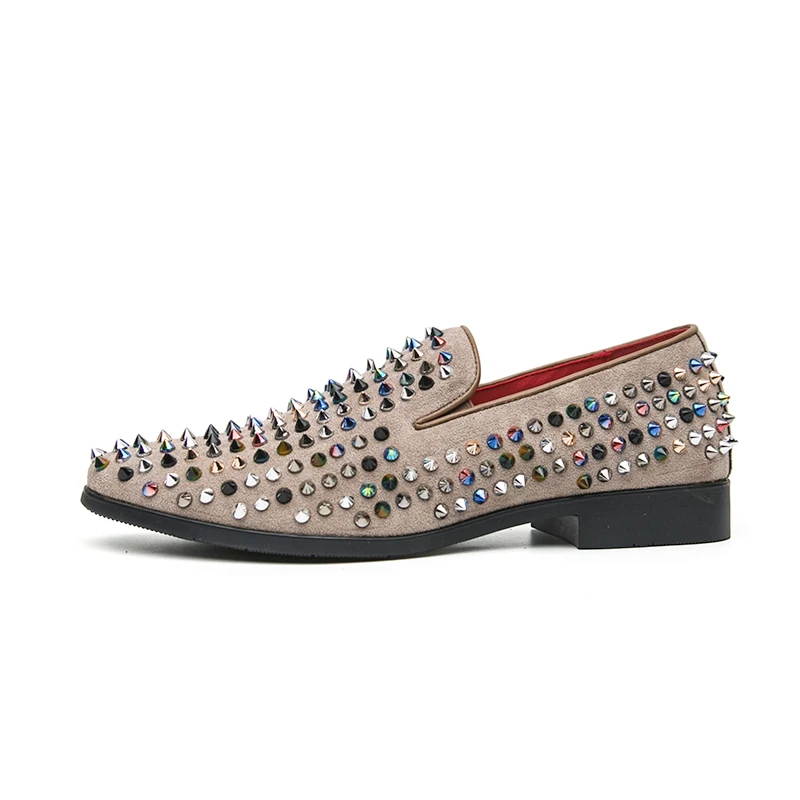 Man Cow Suede Leather Colorful Crystal Spike Loafers Slip on Flat Heel Dress Shoes Party Nightclub Fashion Casual Shoes for Men